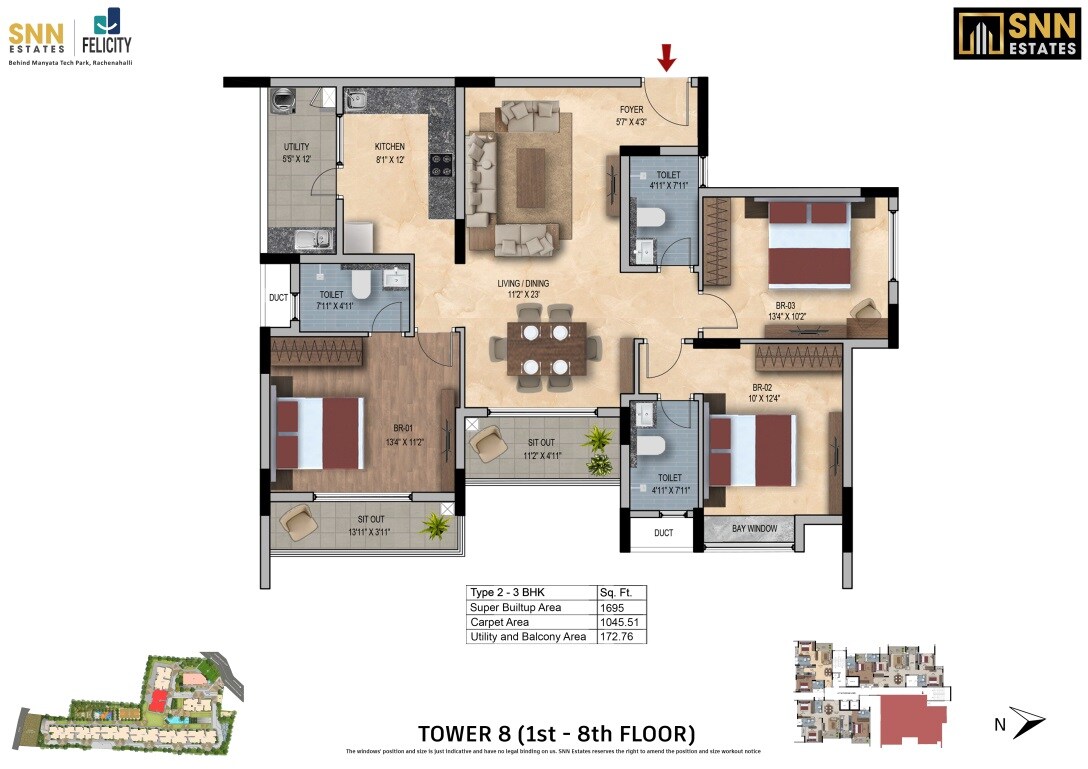 Floor plan of 3 BHK 1695 Sq. Ft. Apartment in SNN Felicity, Bangalore