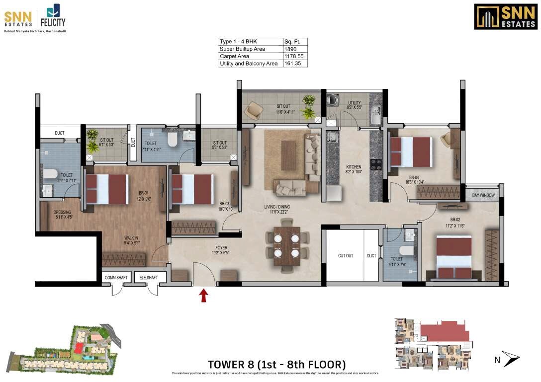 Floor plan of 4 BHK 1890 Sq. Ft. Apartment in SNN Felicity, Bangalore