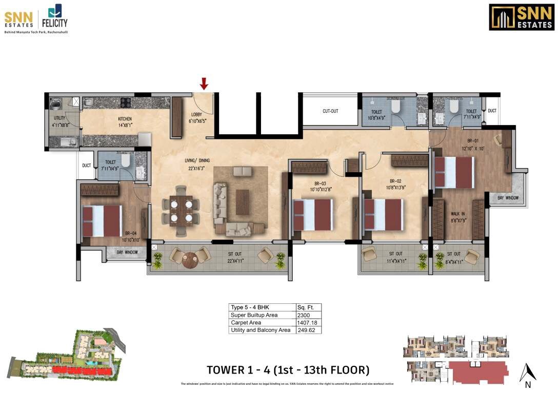 Floor plan of 4 BHK 2300 Sq. Ft. Apartment in SNN Felicity, Bangalore