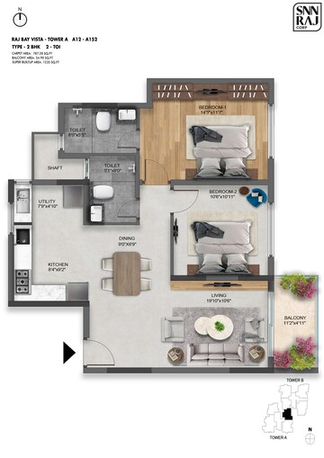  2 BHK Apartment at SNN Raj Bay Vista, Bilekahalli – for Sale