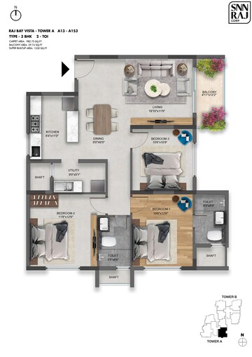  3 BHK Apartment at SNN Raj Bay Vista, Bilekahalli – for Sale