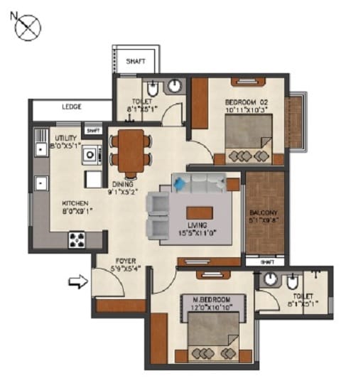 Floor plan of 2 BHK 1230 Sq. Ft. Apartment in SNN Raj Etternia, Bangalore