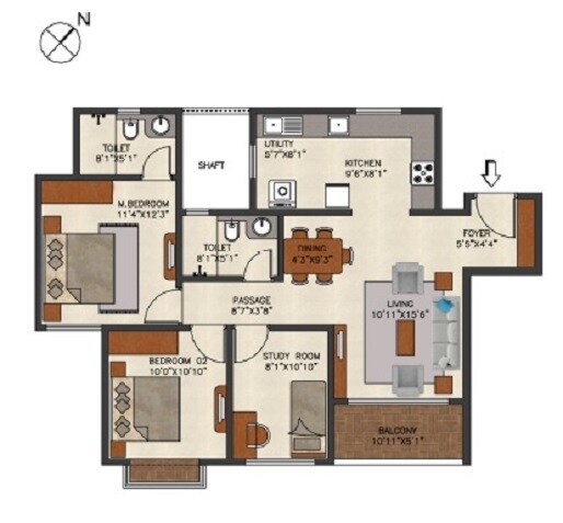 Floor plan of 2 BHK 1260 Sq. Ft. Apartment in SNN Raj Etternia, Bangalore