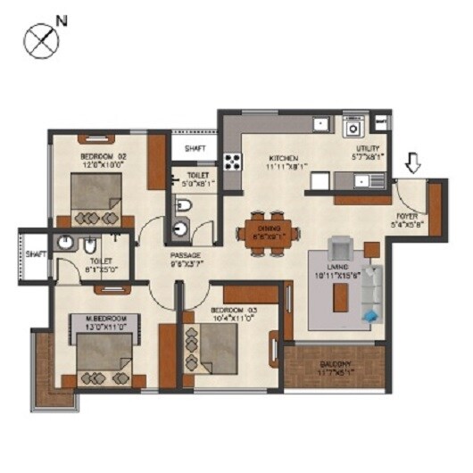 Floor plan of 3 BHK 1460 Sq. Ft. Apartment in SNN Raj Etternia, Bangalore