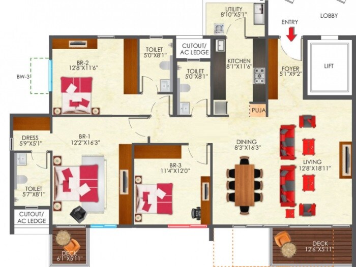 Floor plan of 3 BHK 1810 Sq. Ft. Apartment in SNN Raj Etternia, Bangalore