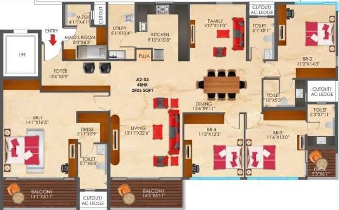 Floor plan of 4 BHK 2805 Sq. Ft. Apartment in SNN Raj Etternia, Bangalore