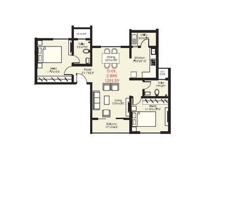 Floor plan of 2 BHK 1215 Sq. Ft. Apartment in SNN Raj Grandeur, Bangalore