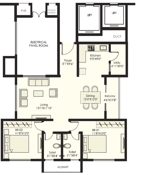 Floor plan of 2 BHK 1290 Sq. Ft. Apartment in SNN Raj Grandeur, Bangalore