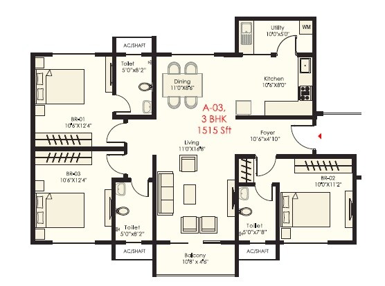 Floor plan of 3 BHK 1515 Sq. Ft. Apartment in SNN Raj Grandeur, Bangalore