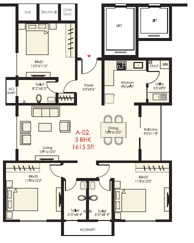 Floor plan of 3 BHK 1615 Sq. Ft. Apartment in SNN Raj Grandeur, Bangalore
