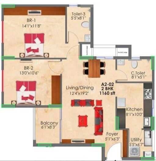 Floor plan of 2 BHK 1160 Sq. Ft. Apartment in SNN Raj GreenBay, Bangalore
