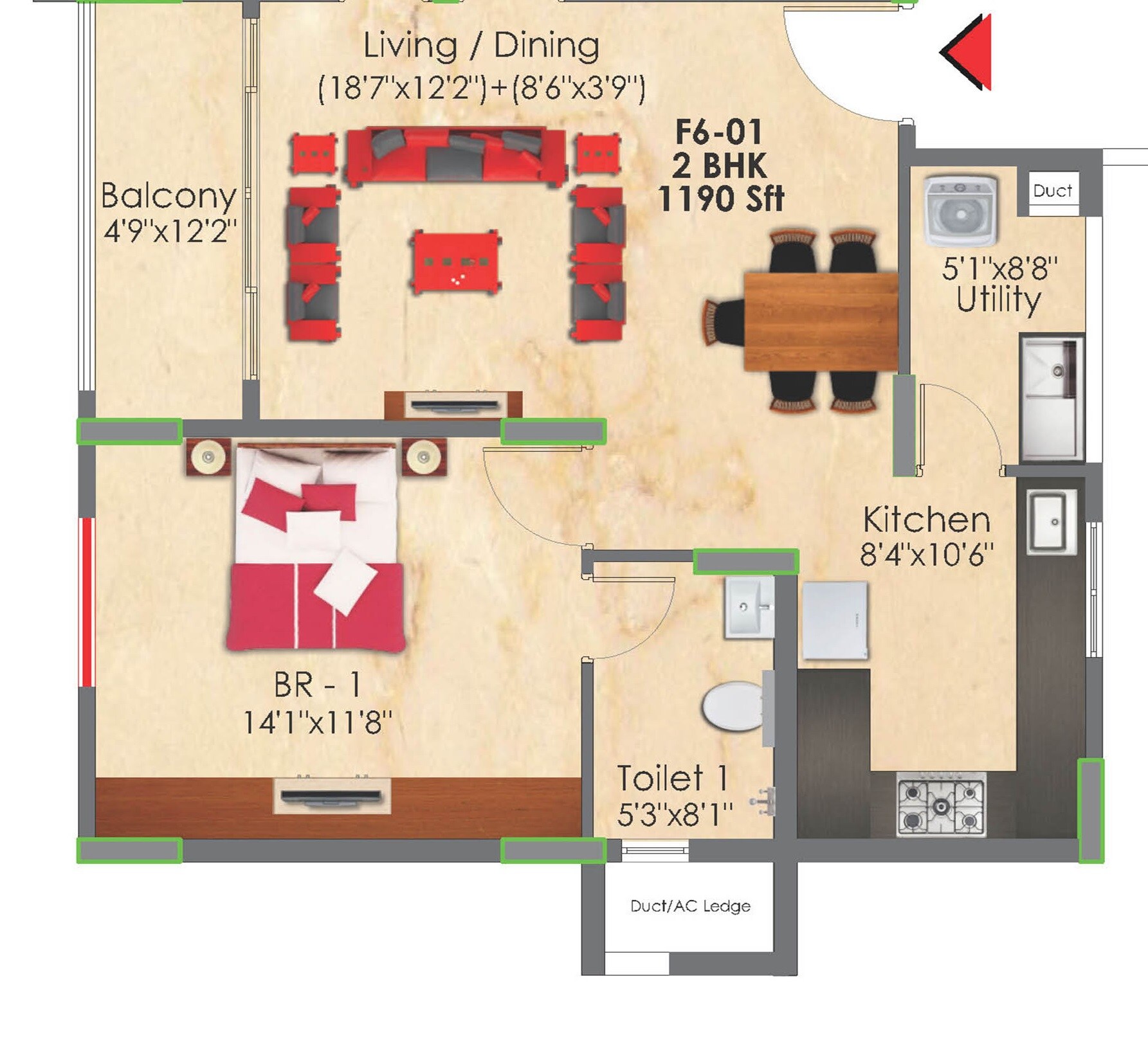 Floor plan of 2 BHK 1190 Sq. Ft. Apartment in SNN Raj GreenBay, Bangalore