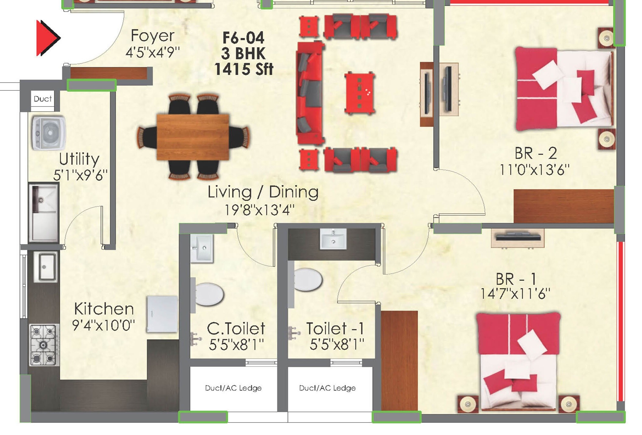 Floor plan of 3 BHK 1415 Sq. Ft. Apartment in SNN Raj GreenBay, Bangalore