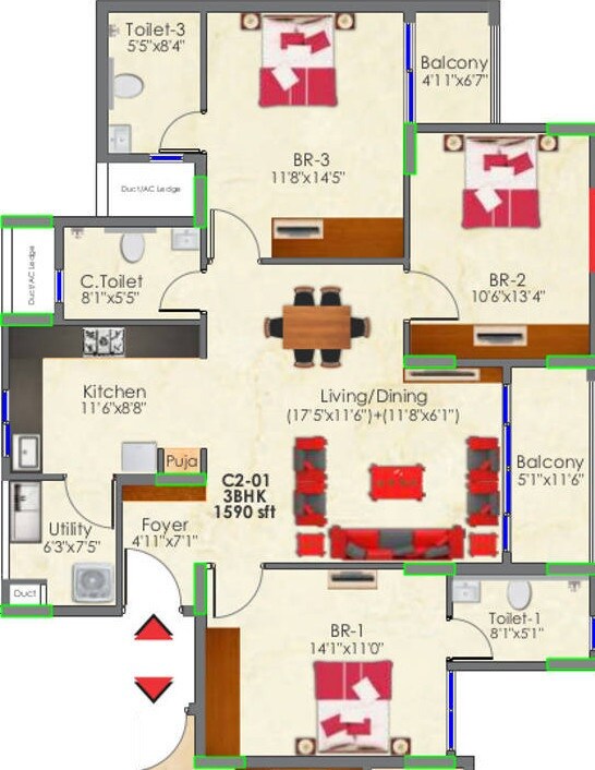 Floor plan of 3 BHK 1590 Sq. Ft. Apartment in SNN Raj GreenBay, Bangalore