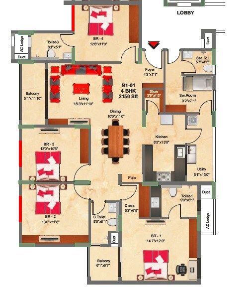 Floor plan of 3 BHK 1940 Sq. Ft. Apartment in SNN Raj GreenBay, Bangalore