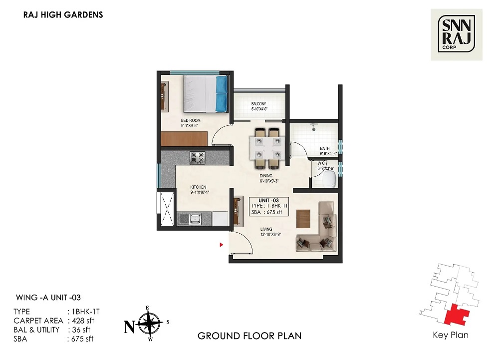 1 BHK 675 Sq. Ft. Apartment in SNN Raj High Gardens