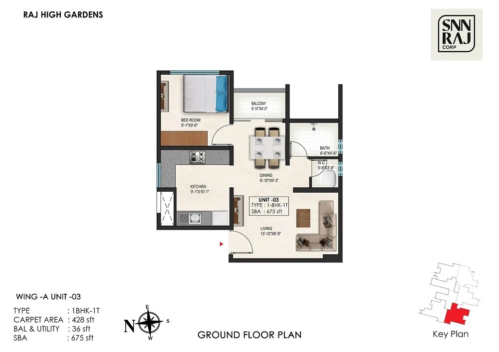 Floor plan of 1 BHK 675 Sq. Ft. Apartment in SNN Raj High Gardens, Bangalore