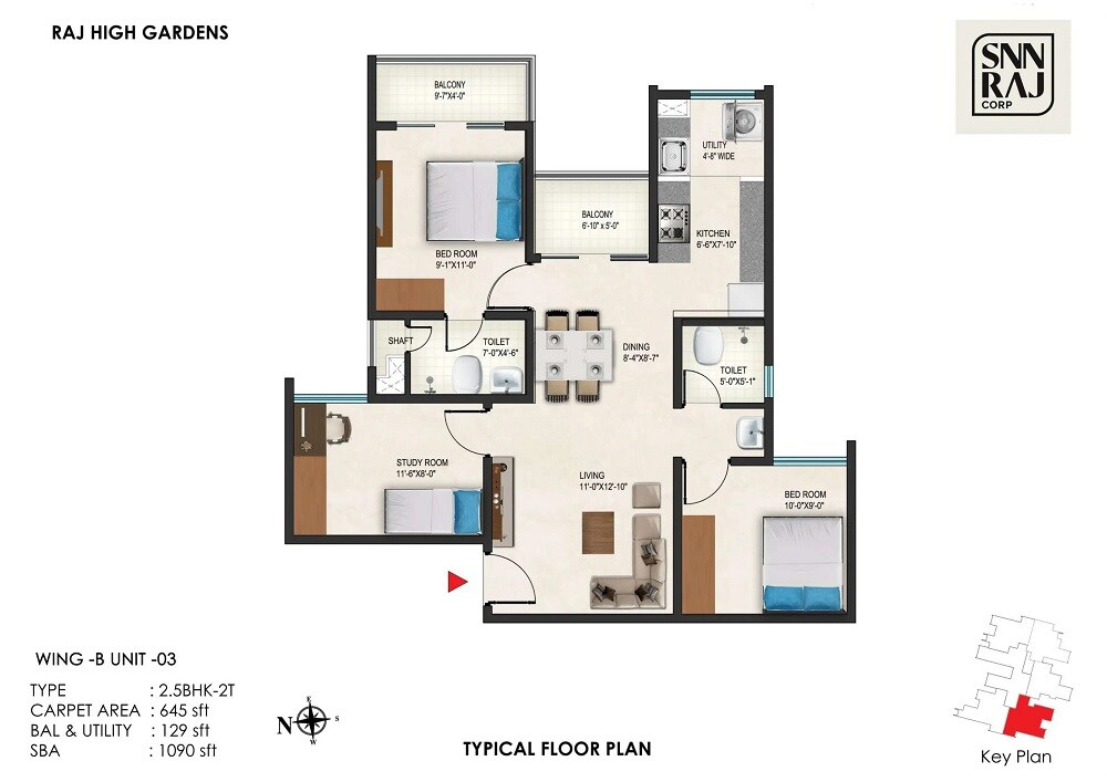 Floor plan of 2 BHK 1090 Sq. Ft. Apartment in SNN Raj High Gardens, Bangalore