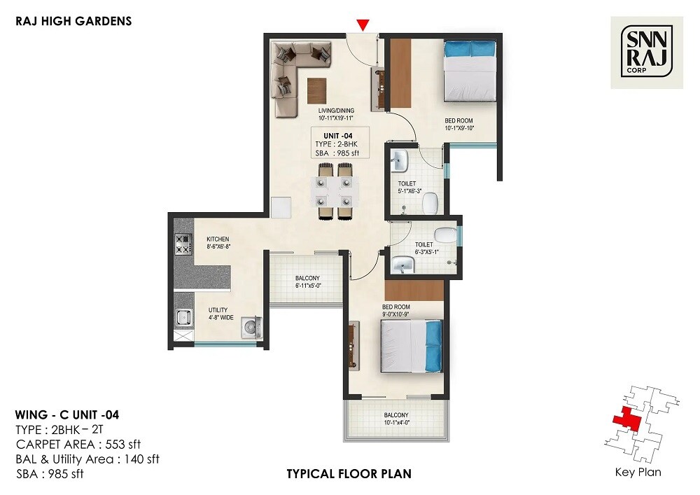 Floor plan of 2 BHK 985 Sq. Ft. Apartment in SNN Raj High Gardens, Bangalore