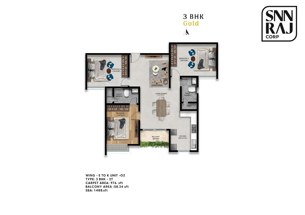 Floor plan of 3 BHK 1480 Sq. Ft. Apartment in SNN Raj High Gardens, Bangalore