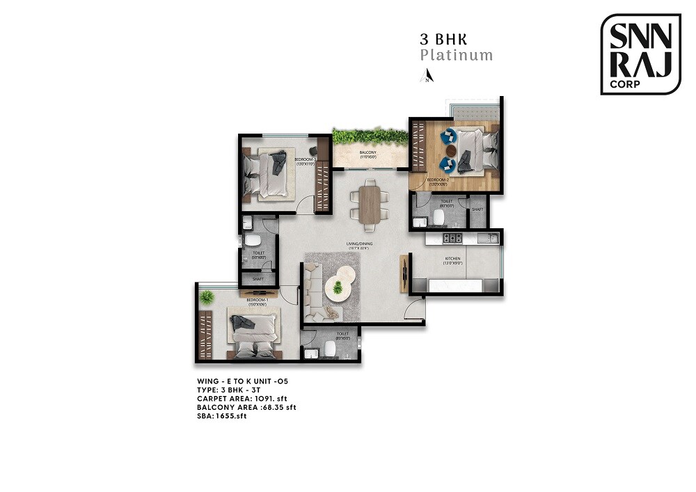 Floor plan of 3 BHK 1655 Sq. Ft. Apartment in SNN Raj High Gardens, Bangalore