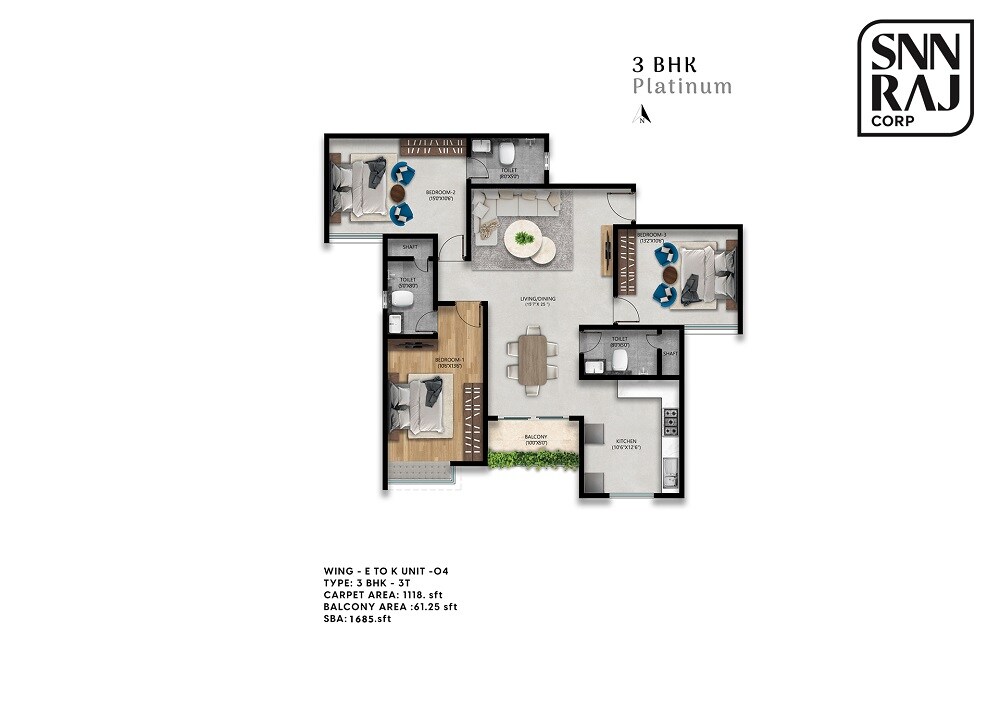 Floor plan of 3 BHK 1685 Sq. Ft. Apartment in SNN Raj High Gardens, Bangalore
