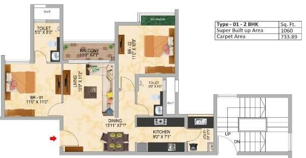 Floor plan of 2 BHK Apartment - 1060 sq. ft. in SNN Raj Serenity, Bangalore