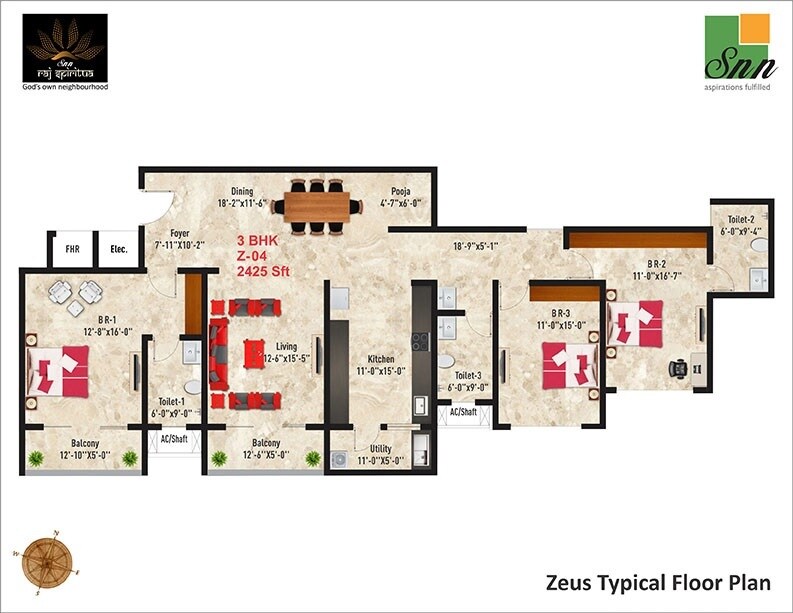 Floor plan of 3 BHK 2425 Sq. Ft. Apartment in SNN Raj Spiritua, Bangalore