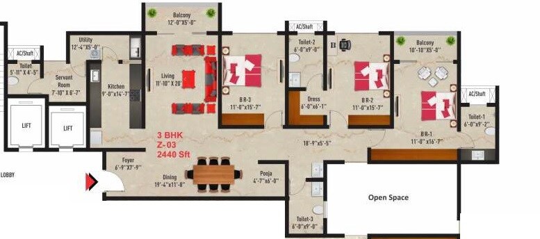 Floor plan of 3 BHK 2440 Sq. Ft. Apartment in SNN Raj Spiritua, Bangalore