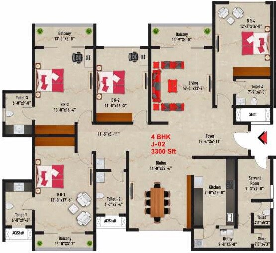 Floor plan of 4 BHK 3300 Sq. Ft. Apartment in SNN Raj Spiritua, Bangalore