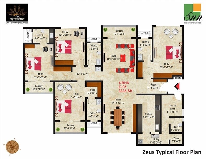 Floor plan of 4 BHK 3335 Sq. Ft. Apartment in SNN Raj Spiritua, Bangalore
