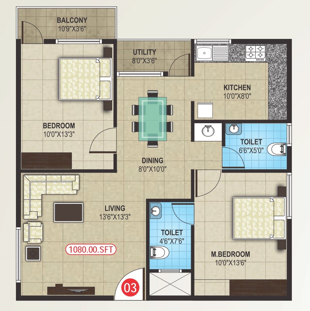 Floor plan of 2 BHK 1080 Sq. Ft. Apartment in SNR Magnolia Park, Bangalore
