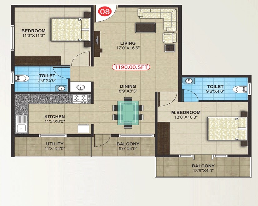 Floor plan of 2 BHK 1190 Sq. Ft. Apartment in SNR Magnolia Park, Bangalore