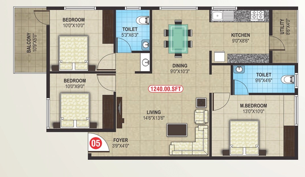 Floor plan of 3 BHK 1240 Sq. Ft. Apartment in SNR Magnolia Park, Bangalore