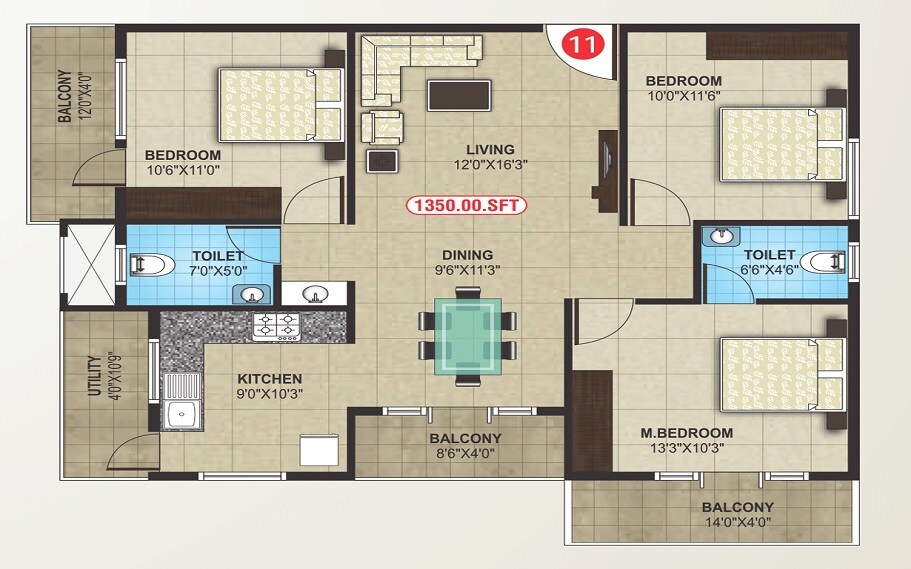 Floor plan of 3 BHK 1350 Sq. Ft. Apartment in SNR Magnolia Park, Bangalore