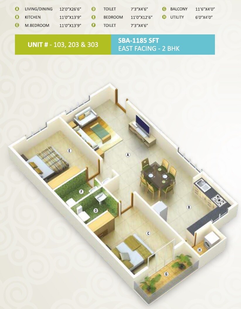 Floor plan of 2 BHK 1185 Sq. Ft. Apartment in SNR Mayfair, Bangalore