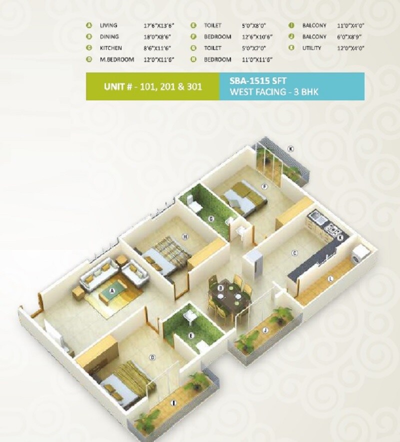 Floor plan of 3 BHK 1515 Sq. Ft. Apartment in SNR Mayfair, Bangalore