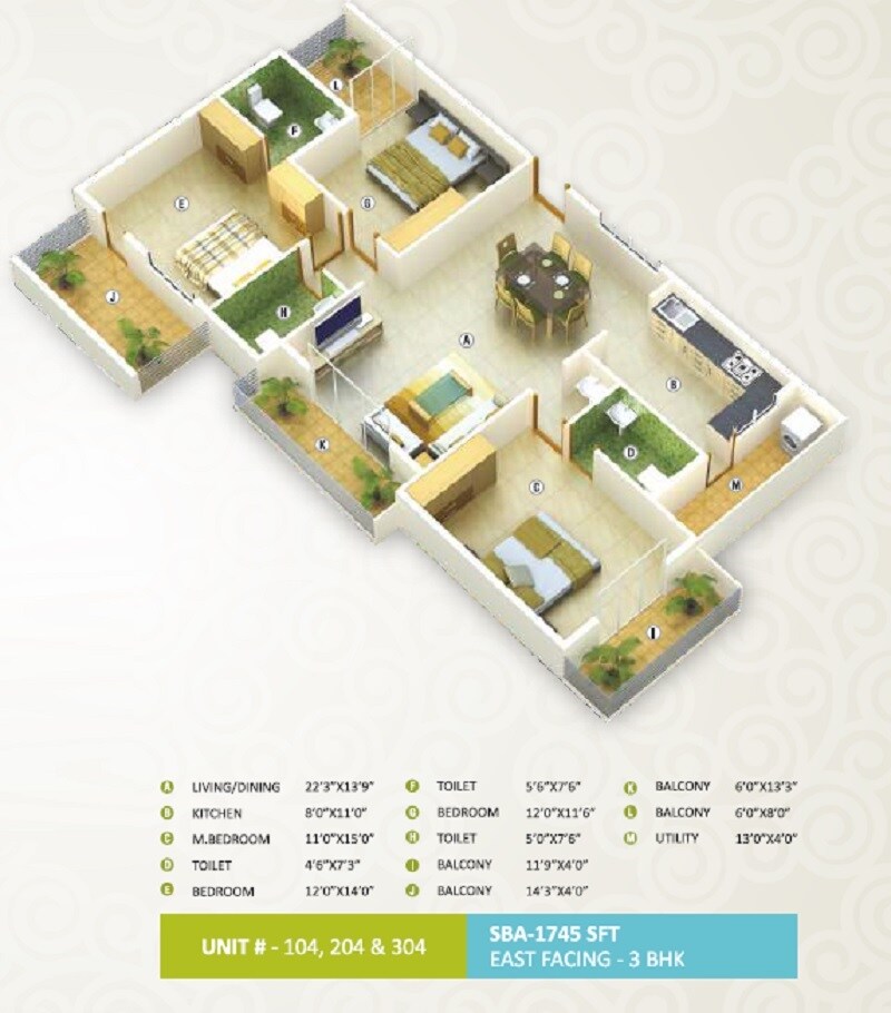 Floor plan of 3 BHK 1745 Sq. Ft. Apartment in SNR Mayfair, Bangalore