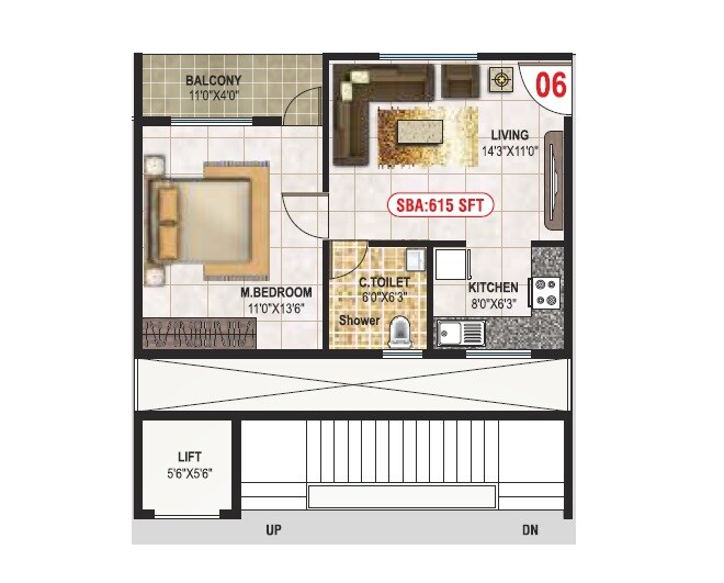Floor plan of 1 BHK 615 Sq. Ft. Apartment in SNR Safa, Bangalore