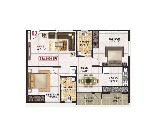 Floor plan of 2 BHK 1090 Sq. Ft. Apartment in SNR Safa, Bangalore