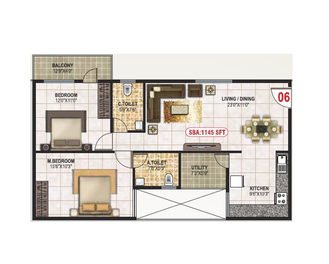 Floor plan of 2 BHK 1145 Sq. Ft. Apartment in SNR Safa, Bangalore