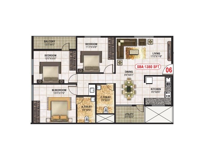 Floor plan of 3 BHK 1380 Sq. Ft. Apartment in SNR Safa, Bangalore