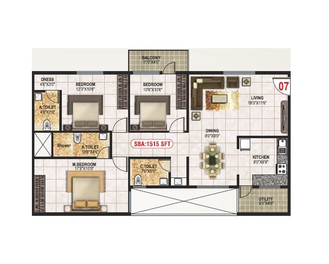 Floor plan of 3 BHK 1515 Sq. Ft. Apartment in SNR Safa, Bangalore