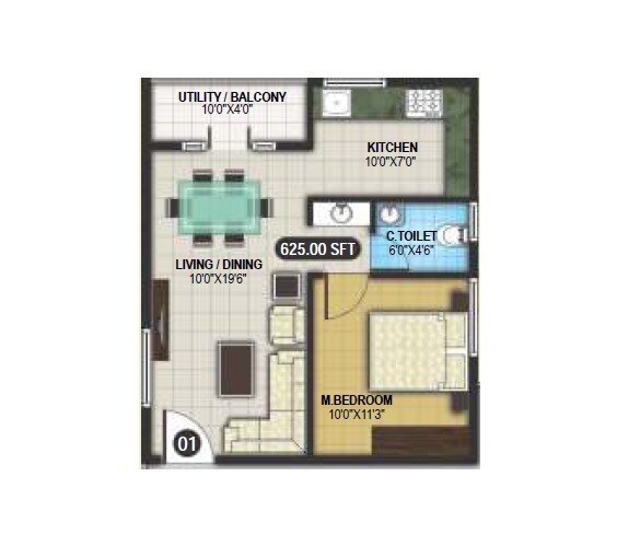 1 BHK 625 Sq. Ft. Apartment