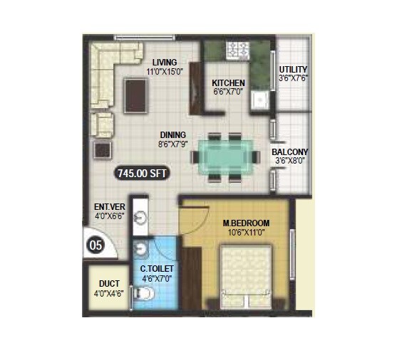 1 BHK 745 Sq. Ft. Apartment