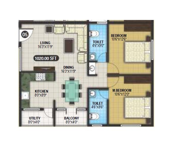 2 BHK 1020 Sq. Ft. Apartment