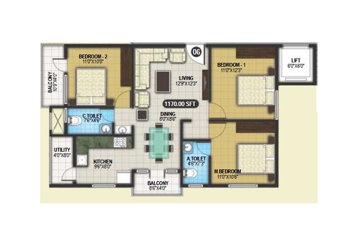 3 BHK 1170 Sq. Ft. Apartment