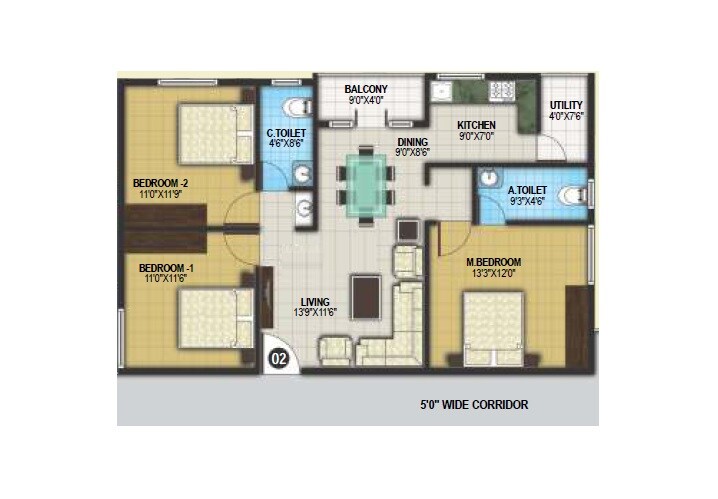 3 BHK 1500 Sq. Ft. Apartment