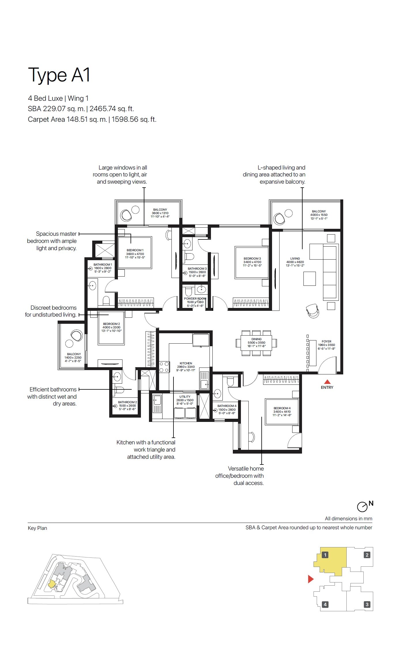 Floor plan of 4 BHK 2465 Sq. Ft. Apartment in Sobha Altair, Bangalore