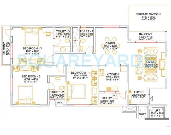 Floor plan of 3 BHK 2012 Sq. Ft. Apartment in Sobha Althea, Bangalore